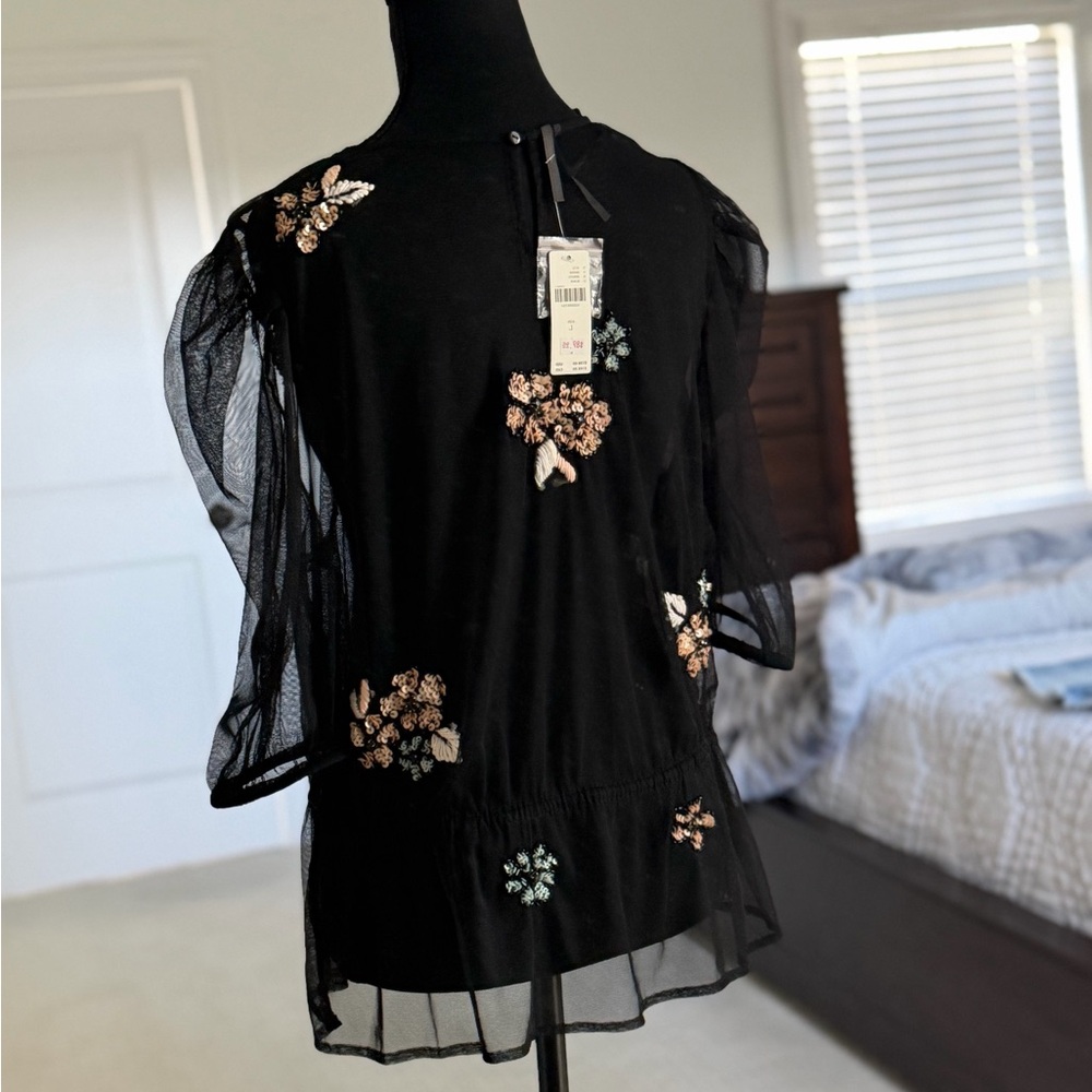 Anthropologie Black Sheer Top with Floral Embroidery